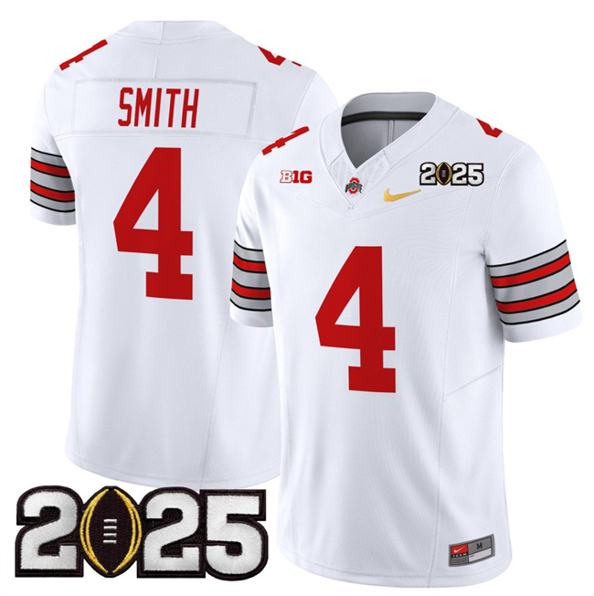 Men's Ohio State Buckeyes #4 Jeremiah Smith White_Gold 2025 CFP Final Patch F.U.S.E. Vapor Limited Stitched Football Jersey