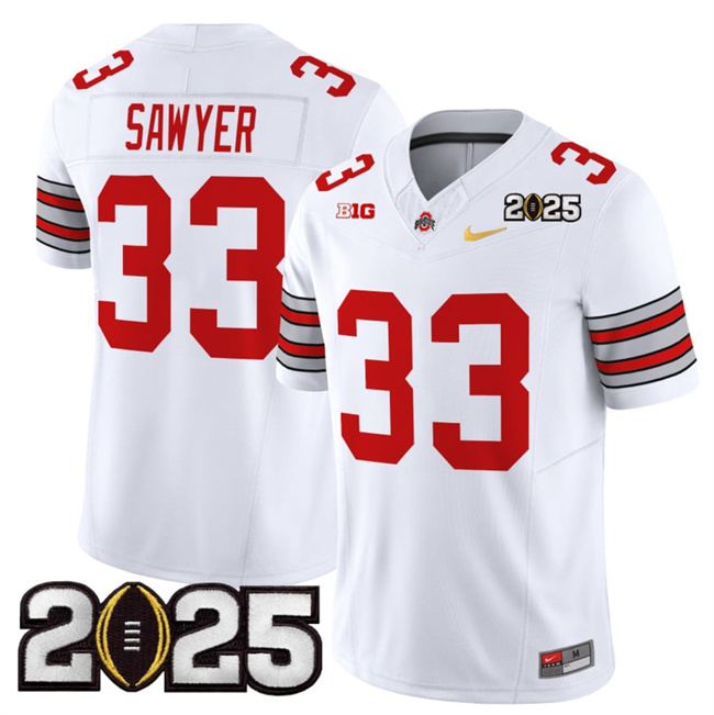 Men's Ohio State Buckeyes #33 Jack Sawyer White_Gold 2025 CFP Final Patch F.U.S.E. Vapor Limited Stitched Football Jersey