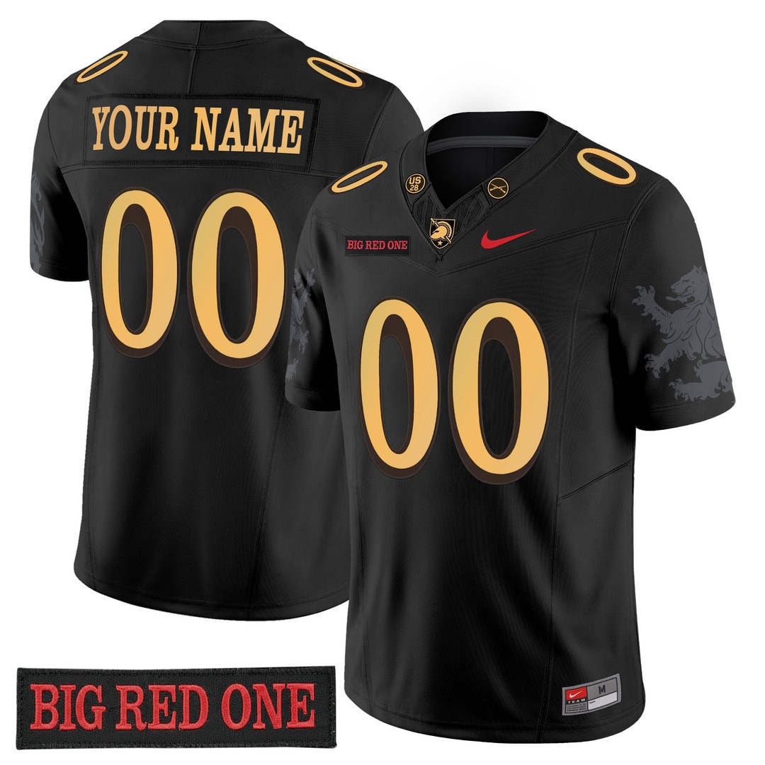 Men's & Women's & Youth Army Black Knights Custom 'Big Red One Edition' F.U.S.E. Vapor Limited Jersey - Stitched Numbers Patches - Black Lion Graphic Sleeves