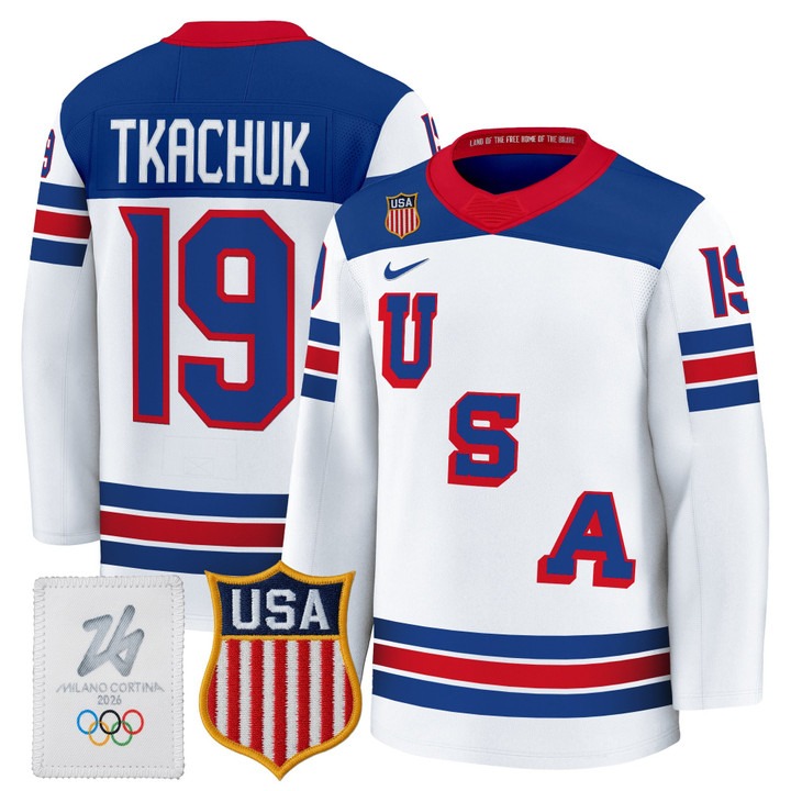 Men's USA Hockey 2026 Olympic #19 Matthew Tkachuk White Nike Premium Stitched Jersey