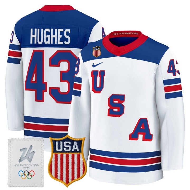 Men's USA Hockey 2026 Olympic #43 Quinn Hughes White Nike Premium Stitched Jersey