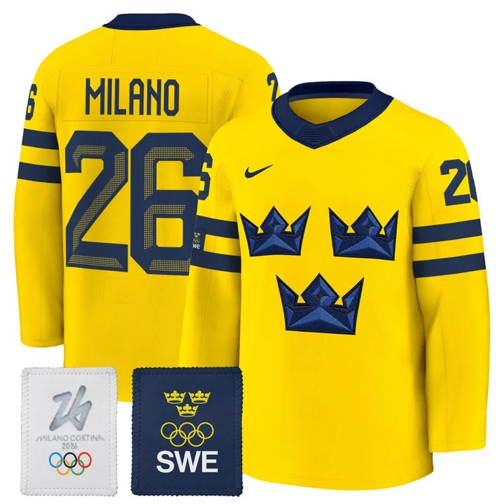 Men's Sweden Hockey 2026 Olympic #26 Milano Gold Nike Premium Stitched Jersey
