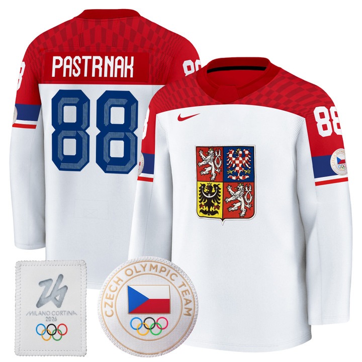 Men's Czechia Hockey 2026 Olympic #88 David Pastrnak White Premium Nike Stitched Jersey