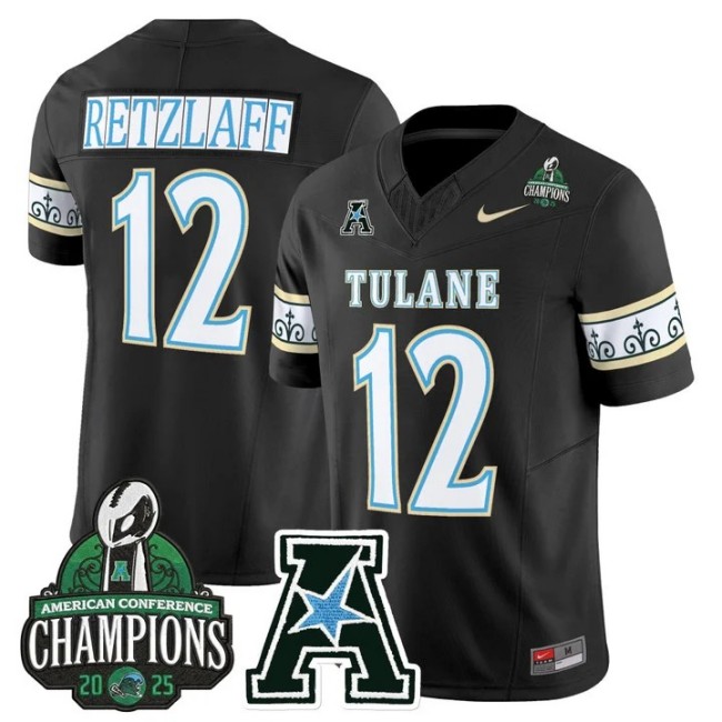 Men's & Women's & Youth Tulane Green Wave #12 Jake Retzlaff 'City Edition' 2025 AAC Champions Patch F.U.S.E. Vapor Limited Stitched Jersey Black