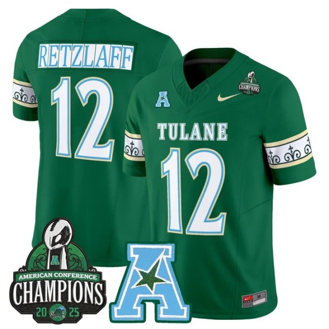 Men's & Women's & Youth Tulane Green Wave #12 Jake Retzlaff 'City Edition' 2025 AAC Champions Patch F.U.S.E. Vapor Limited Stitched Jersey Green