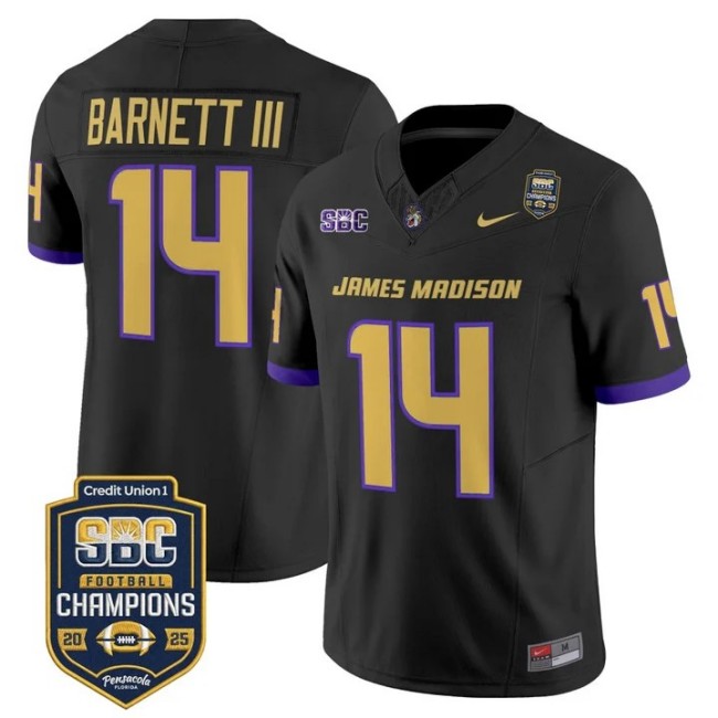 Men's & Women's & Youth James Madison Dukes #14 Alonza Barnett III 2025 SBC Champions F.U.S.E. Vapor Limited Stitched football Jersey Black
