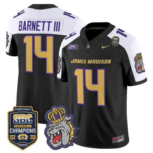 Men's & Women's & Youth James Madison Dukes #14 Alonza Barnett III 2025 SBC Champions F.U.S.E. Vapor Limited Stitched football Jersey Black Alternate