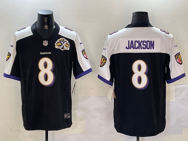 Men's Baltimore Ravens #8 Lamar Jackson Black White 2023 F.U.S.E With Patch Throwback Vapor Limited Stitched Football Jersey