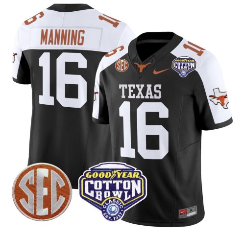 Men's Texas Longhorns #16 Arch Manning Black White F.U.S.E. 2025 Cotton Bowl Classic Patch Vapor Limited Stitched Jersey