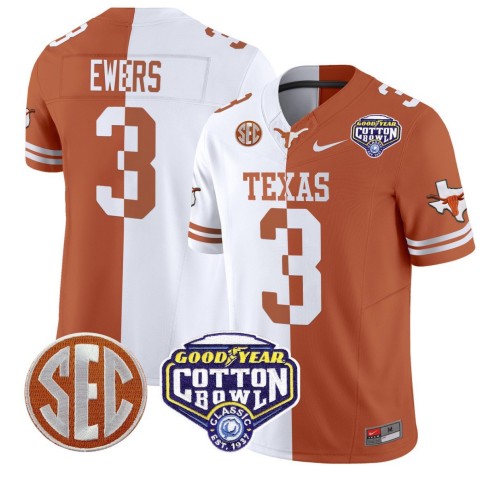 Men's Texas Longhorns #3 Quinn Ewers Split F.U.S.E. 2025 Cotton Bowl Classic Patch Vapor Limited Stitched Jersey