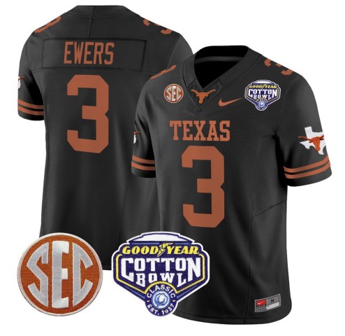 Men's Texas Longhorns #3 Quinn Ewers Black F.U.S.E. 2025 Cotton Bowl Classic Patch Vapor Limited Stitched Jersey