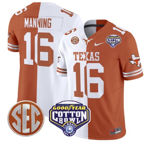 Men's Texas Longhorns #16 Arch Manning Split F.U.S.E. 2025 Cotton Bowl Classic Patch Vapor Limited Stitched Jersey