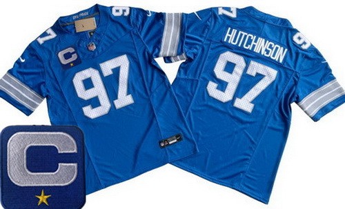 Men's Detroit Lions #97 Aidan Hutchinson Limited Blue C Patch FUSE Vapor Jersey