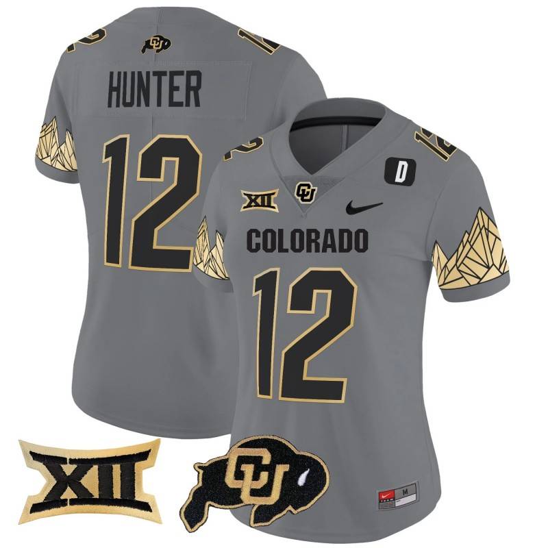 Women's Colorado Buffaloes #12 Travis Hunter Big 12 XII Patch Vapor Limited Stitched Jersey Gray