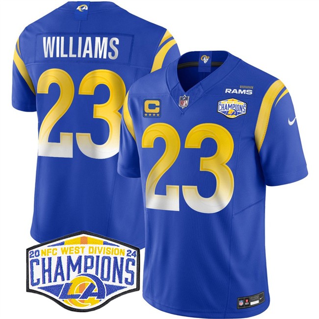 Men's Los Angeles Rams #23 Kyren Williams Blue 2024 NFC West Champions With 4-Star C Patch F.U.S.E. Vapor Untouchable Stitched Football Jersey