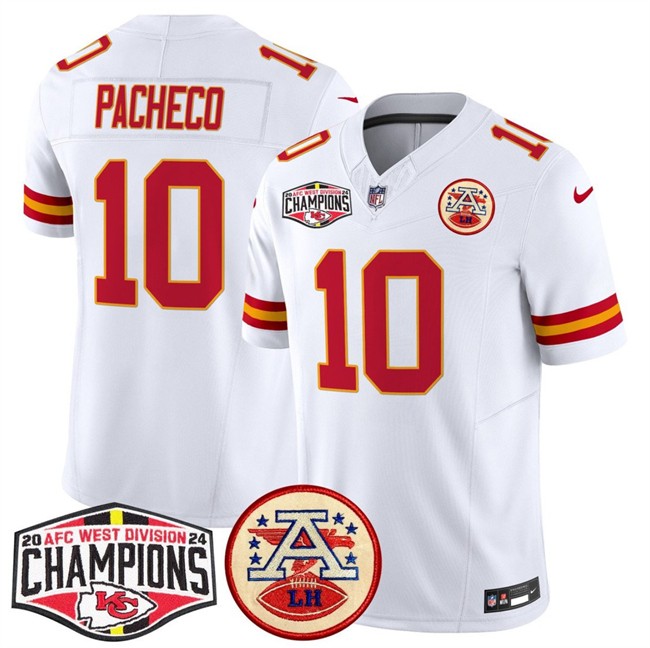 Men's Kansas City Chiefs #10 Isiah Pachecoy White F.U.S.E. 2024 AFC West Division Champions Vapor Limited Stitched Football Jersey