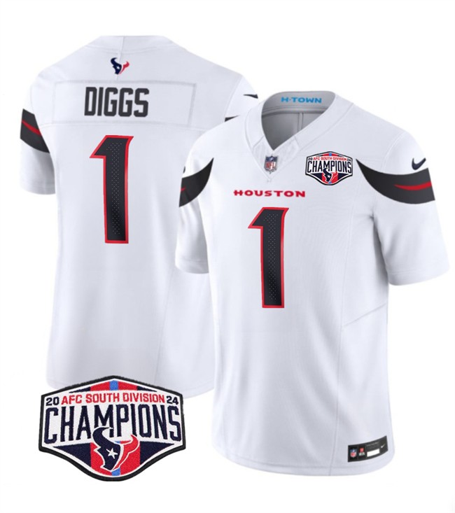 Men's Houston Texans #1 Stefon Diggs White F.U.S.E. 2024 AFC South Division Champions Vapor Limited Stitched Football Jersey