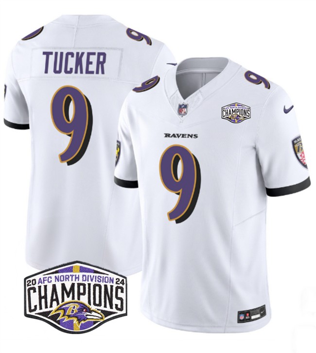 Men's Baltimore Ravens #9 Justin Tucker White F.U.S.E 2024 AFC North Division Champions Vapor Limited Football Jersey