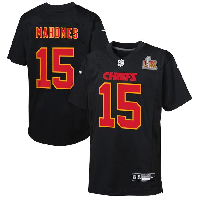 Youth Patrick Mahomes Kansas City Chiefs Nike Super Bowl LIX Patch Fashion Game Jersey - Carbon Black