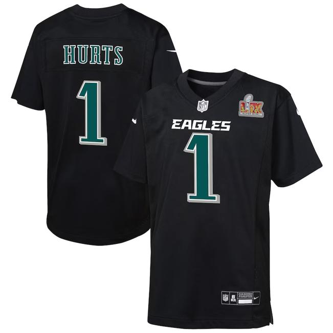 Youth Jalen Hurts Philadelphia Eagles Nike Super Bowl LIX Patch Fashion Game Player Jersey - Carbon Black