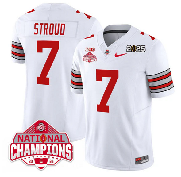 Men's Ohio State Buckeyes #7 C.J. Stroud White 2025 CFP Final With National Champions Patch F.U.S.E. Vapor Limited Stitched Football Jersey