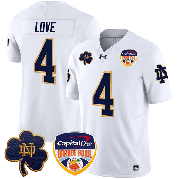 Men's Notre Dame Fighting Irish #4 Jeremiyah Love White 2024 Orange Bowl Patch F.U.S.E. Limited Stitched Jersey