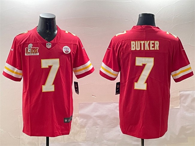 Men's Kansas City Chiefs #7 Harrison Butker Red 2025 Super Bowl LIX Patch Vapor Untouchable Limited Stitched Football Jersey