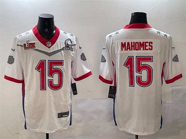 Men's Kansas City Chiefs #15 Patrick Mahomes White 2025 Super Bowl LIX Patch Pro Bowl Vapor Limited Stitched Football Jersey