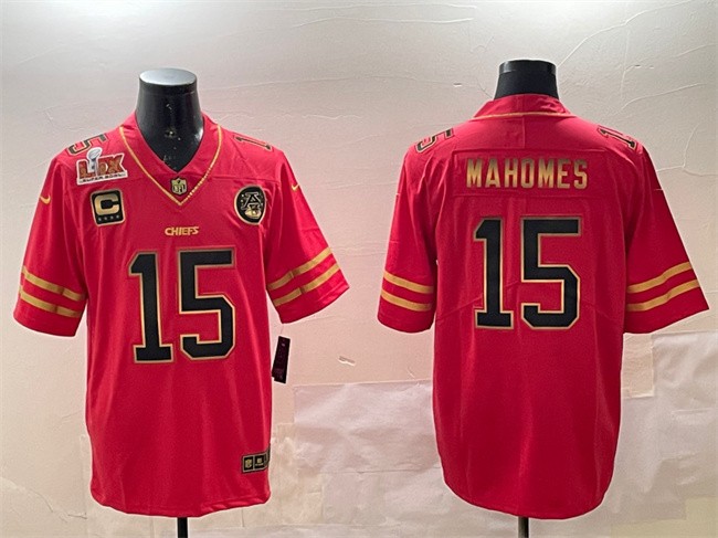 Men's Kansas City Chiefs #15 Patrick Mahomes Red Gold 2025 Super Bowl LIX Patch And 4-star C Patch Vapor Limited Stitched Football Jersey