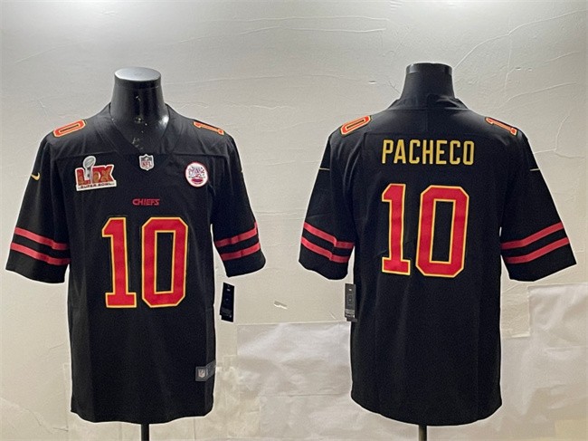 Men's Kansas City Chiefs #10 Isiah Pacheco Black Gold 2025 Super Bowl LIX Patch Vapor Limited Stitched Football Jersey