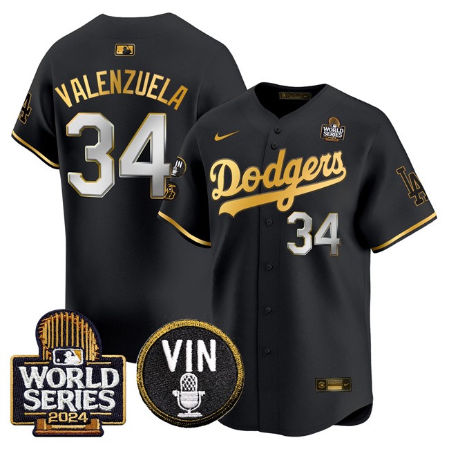 Men's Los Angeles Dodgers #34 Toro Valenzuela Black_Gold 2024 World Series With Vin & Kobe Patch Limited Stitched Baseball Jersey