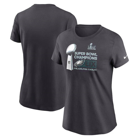 Women's Philadelphia Eagles Anthracite 2025 Super Bowl LIX Champions Locker Room Trophy T-Shirt(Run Small)