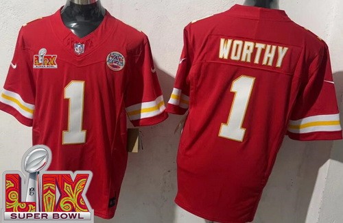 Men's Kansas City Chiefs #1 Xavier Worthy Nike Limited Red Super Bowl LIX FUSE Vapor NFL Stitched Jersey