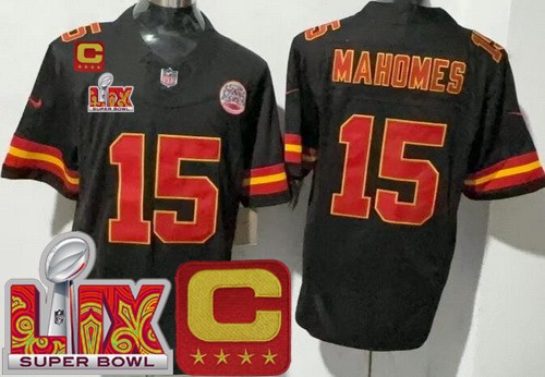 Men's Kansas City Chiefs #15 Patrick Mahomes Nike Limited Black C Patch Super Bowl LIX FUSE Vapor NFL Stitched Jersey