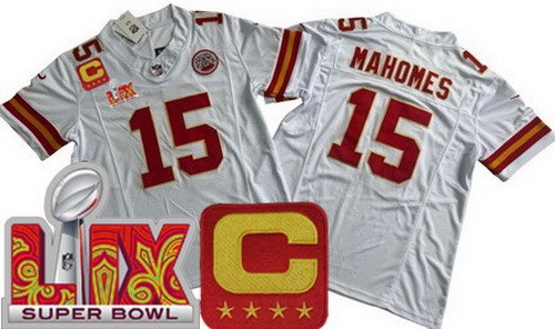 Men's Kansas City Chiefs #15 Patrick Mahomes Nike Limited White C Patch Super Bowl LIX FUSE Vapor NFL Stitched Jersey