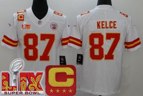 Men's Kansas City Chiefs #87 Travis Kelce Nike Limited White C Patch Super Bowl LIX Vapor NFL Stitched Jersey