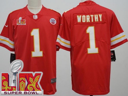 Men's Kansas City Chiefs #1 Xavier Worthy Nike Limited Red Super Bowl LIX Vapor NFL Stitched Jersey