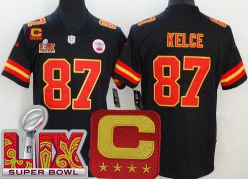 Men's Kansas City Chiefs #87 Travis Kelce Nike Limited Black C Patch Super Bowl LIX Vapor NFL Stitched Jersey