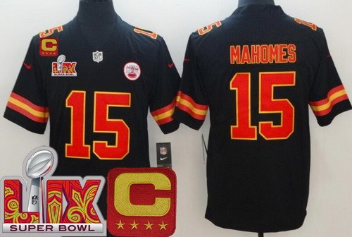 Men's Kansas City Chiefs #15 Patrick Mahomes Nike Limited Black C Patch Super Bowl LIX Vapor NFL Stitched Jersey