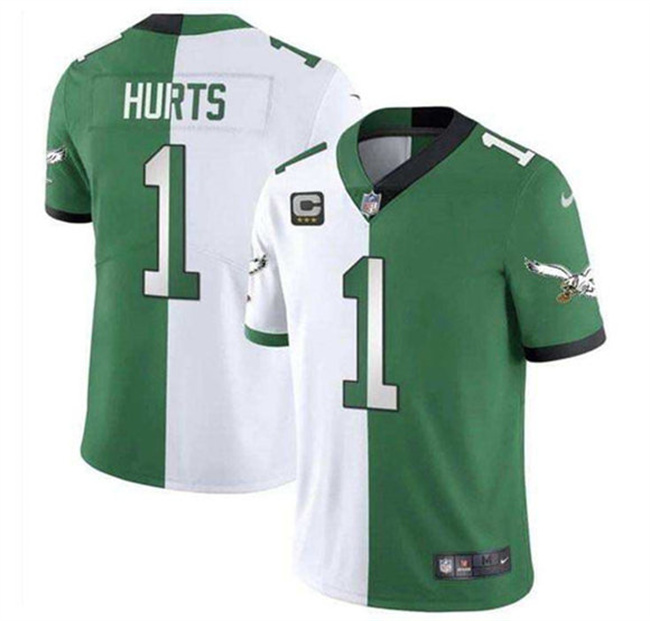 Men's Philadelphia Eagles #1 Jalen Hurts Green/White Split 2025 With 3-Star C Patch Vapor Limited Stitched Football Jersey