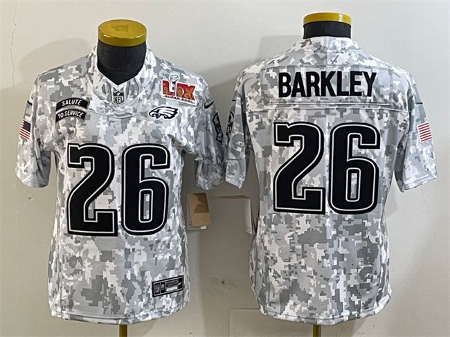 Youth Philadelphia Eagles #26 Saquon Barkley 2025 Super Bowl LIX Patch F.U.S.E Arctic Camo Salute to Service Limited Stitched Football Jersey