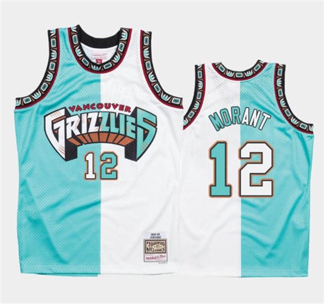 Men's Memphis Grizzlies #12 Ja Morant White Teal Split Throwback Stitched Jersey