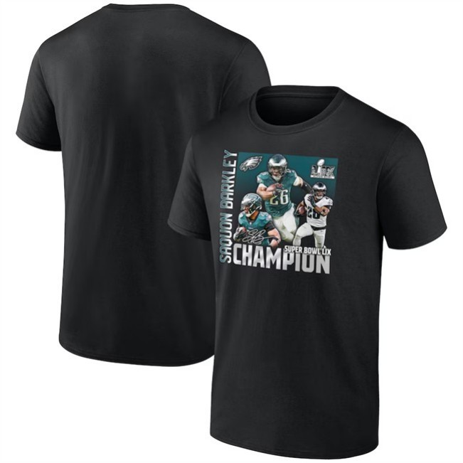 Men's Philadelphia Eagles Saquon Barkley Black 2025 Super Bowl LIX Champions T-Shirt