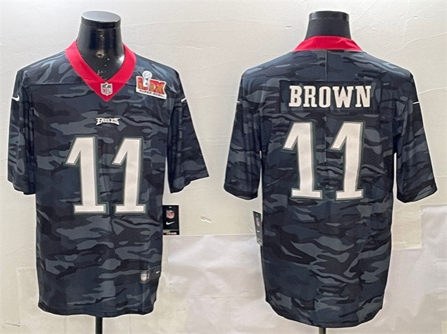 Men's Philadelphia Eagles #11 A. J. Brown Black 2025 Super Bowl LIX Patch Camo Vapor Untouchable Limited Stitched Football Jersey