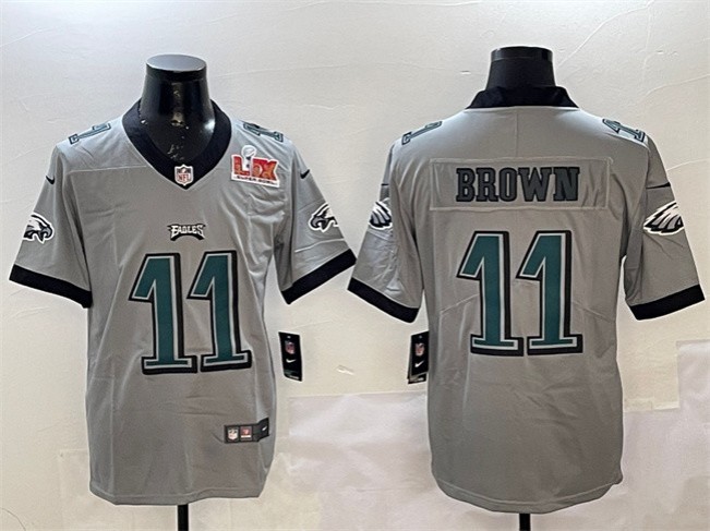 Men's Philadelphia Eagles #11 A. J. Brown Grey 2025 Super Bowl LIX Patch Vapor Untouchable Limited Stitched Football Jersey