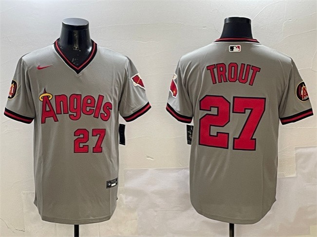 Men's Los Angeles Angels #27 Mike Trout Grey With Patch Stitched Baseball Jersey