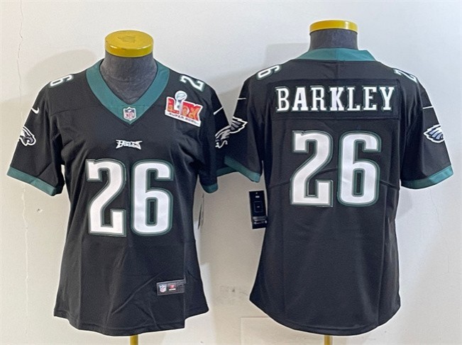 Women's Philadelphia Eagles #26 Saquon Barkley Black 2025 Super Bowl LIX Patch Vapor Untouchable Limited Stitched Football Jersey(Run Small)