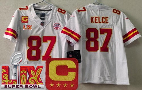 Youth Kansas City Chiefs #87 Travis Kelce Nike Limited White C Patch Super Bowl LIX Vapor NFL Stitched Jersey