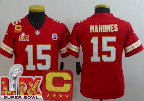 Youth Kansas City Chiefs #15 Patrick Mahomes Nike Limited Red C Patch Super Bowl LIX Vapor NFL Stitched Jersey