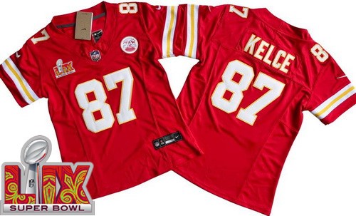 Women's Kansas City Chiefs #87 Travis Kelce Nike Limited Red Super Bowl LIX FUSE Vapor NFL Stitched Jersey